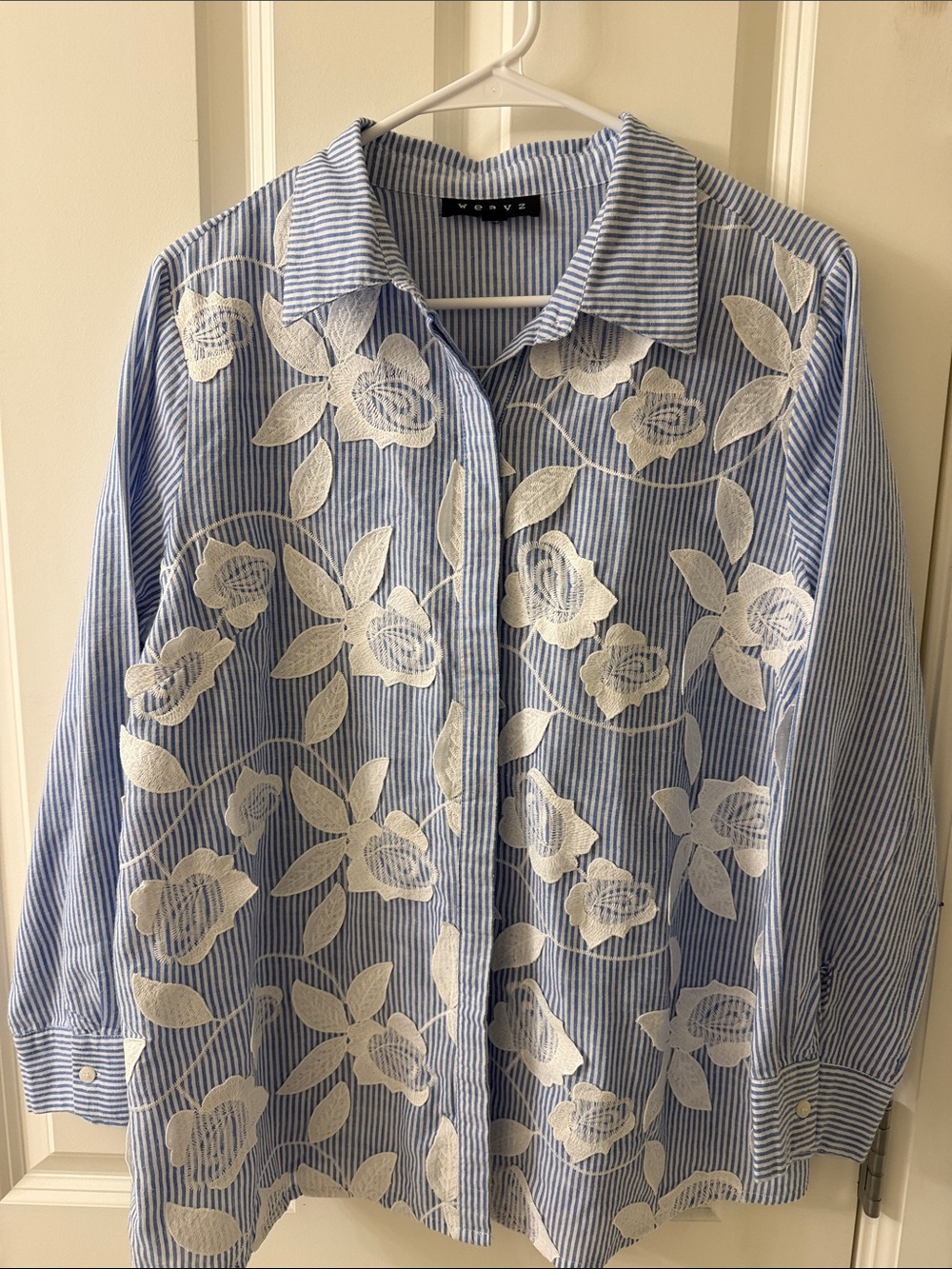 Weavz Blue and White Striped Button-Down with White Floral Applique